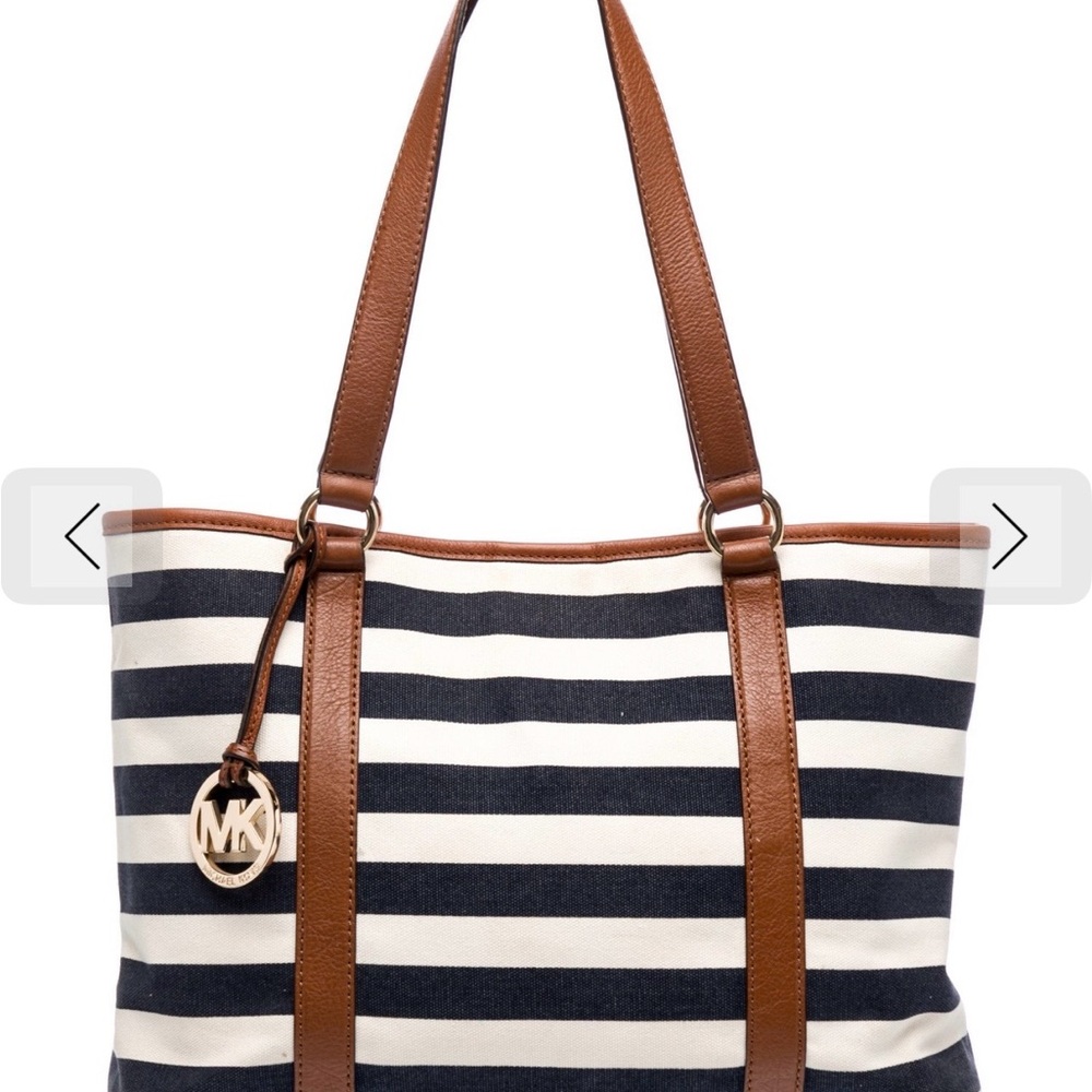 Michael Kors Striped Tote in Navy and Cream with Brown Accents